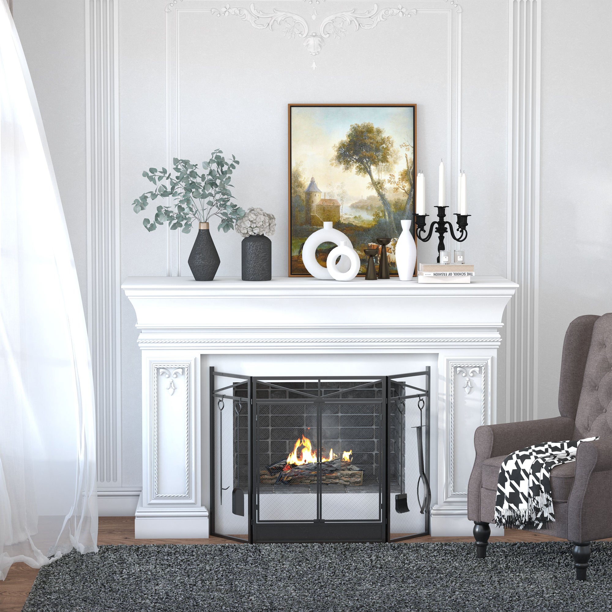 Pantalla Plegable de 3 Paneles para Chimenea con 2 Puertas Magnéticas y Juego de Herramientas para Chimenea