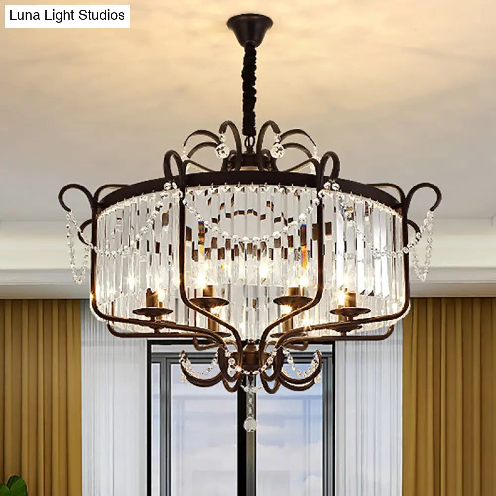 Lámpara de araña tipo farol con prisma de cristal transparente facetado y 8 luces en negro/dorado - Lámpara colgante contemporánea para salón