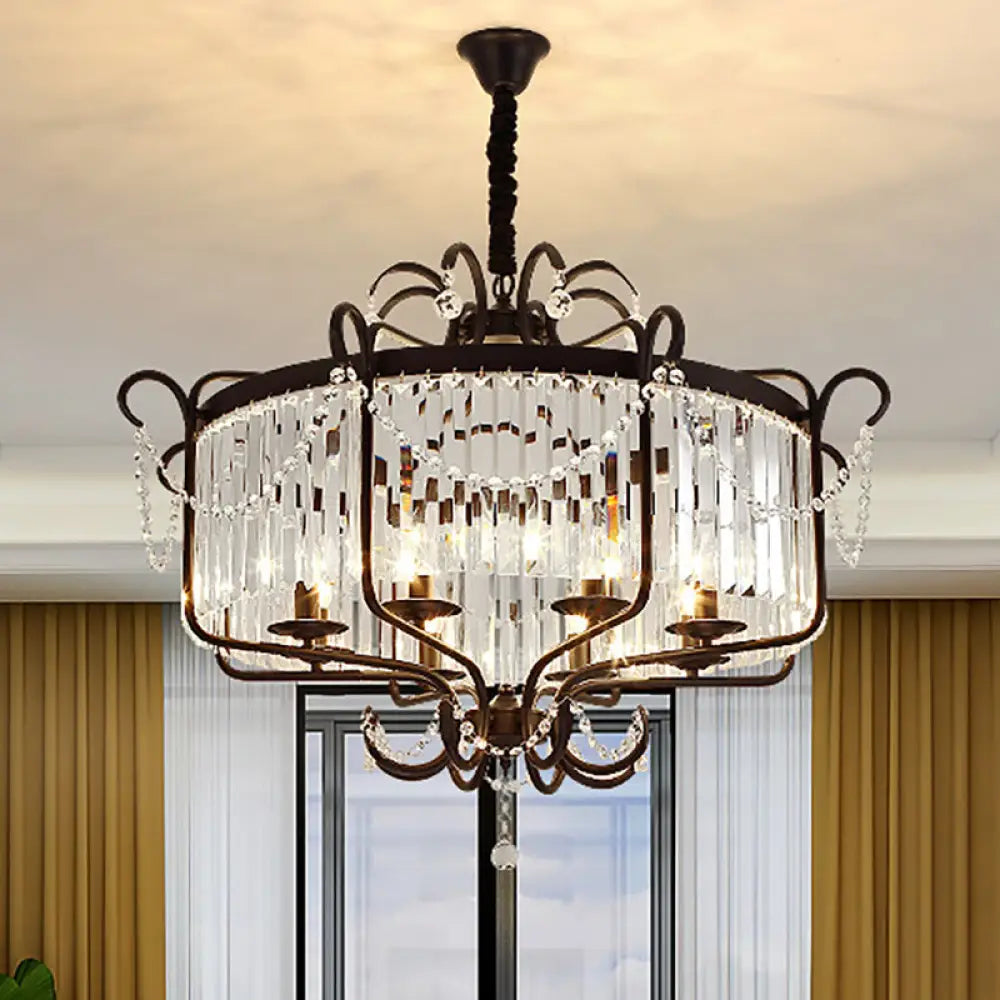 Lámpara de araña tipo farol con prisma de cristal transparente facetado y 8 luces en negro/dorado - Lámpara colgante contemporánea para salón