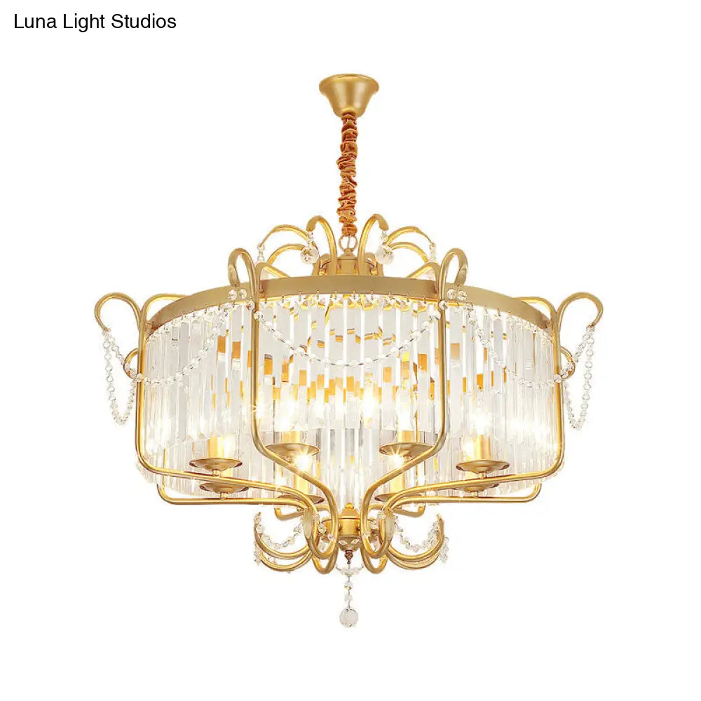 Lámpara de araña tipo farol con prisma de cristal transparente facetado y 8 luces en negro/dorado - Lámpara colgante contemporánea para salón