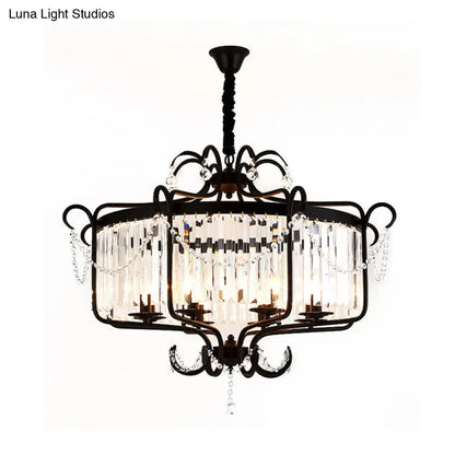 Lámpara de araña tipo farol con prisma de cristal transparente facetado y 8 luces en negro/dorado - Lámpara colgante contemporánea para salón