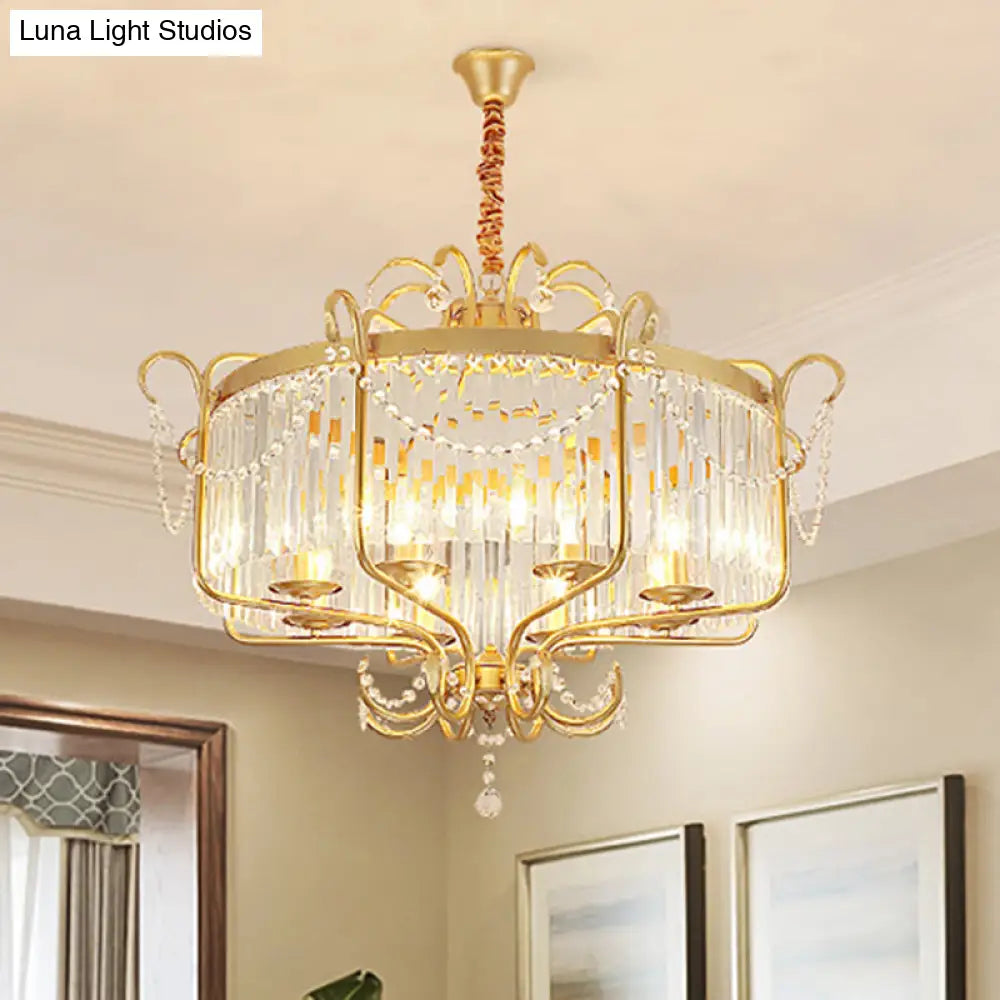 Lámpara de araña tipo farol con prisma de cristal transparente facetado y 8 luces en negro/dorado - Lámpara colgante contemporánea para salón