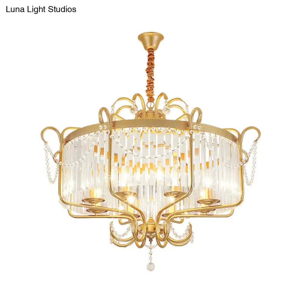 Lámpara de araña tipo farol con prisma de cristal transparente facetado y 8 luces en negro/dorado - Lámpara colgante contemporánea para salón