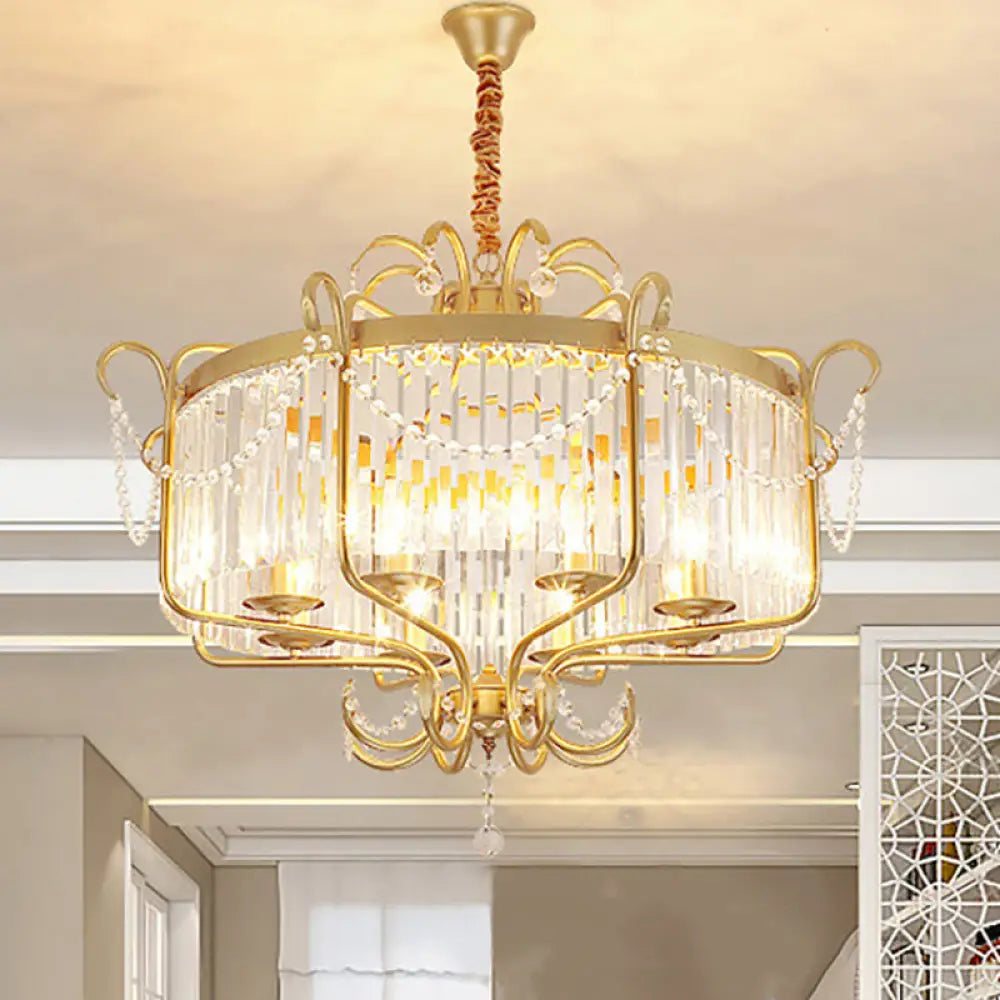 Lámpara de araña tipo farol con prisma de cristal transparente facetado y 8 luces en negro/dorado - Lámpara colgante contemporánea para salón