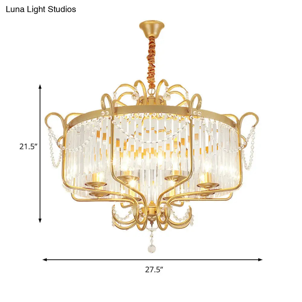 Lámpara de araña tipo farol con prisma de cristal transparente facetado y 8 luces en negro/dorado - Lámpara colgante contemporánea para salón