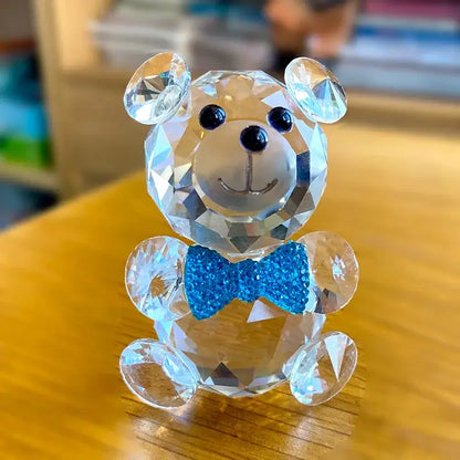 Faceted clear crystal teddy bear figurine with a blue glitter bow tie for elegant bedroom decor crystal teddy bear