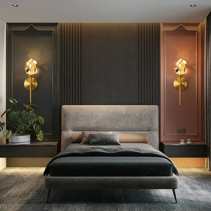 Modern upholstered bed with textured gray fabric headboard and black nightstands featuring decorbites crystal gold led wall sconce