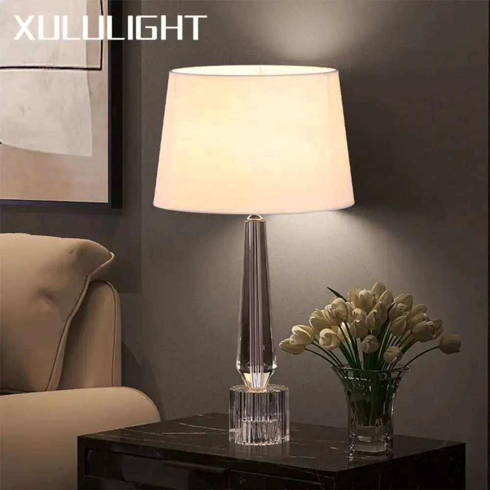 Faceted crystal table lamp with clear crystal base and off-white fabric shade for bedroom decorbites crystal table lamp