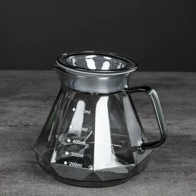 Clear glass diamond glass coffee carafe with faceted design black handle and filter cup for kitchen use