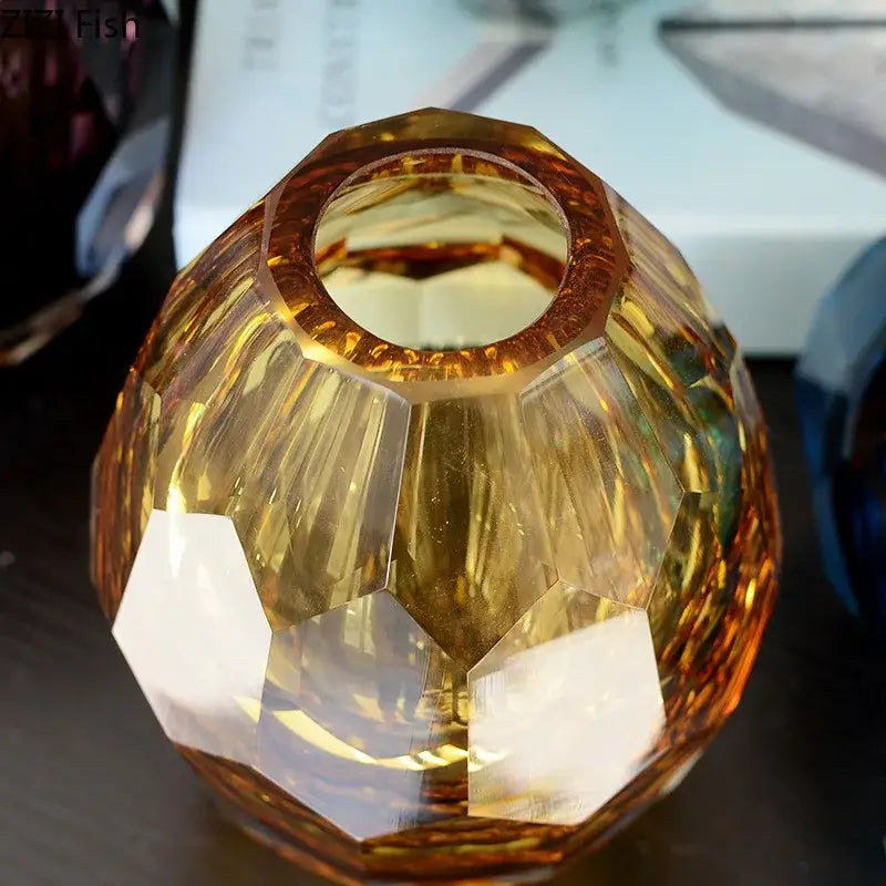 Faceted amber glass vase with a geometric crystal-like design from decorbites amber glass vase set for office desk decor