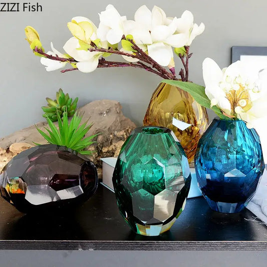 Set of three faceted glass vases in emerald green, deep blue, and decorbites amber glass for office desk decor