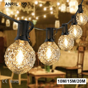 Clear faceted glass g40 string lights with black metal clips and cords for outdoor garden fairy lighting
