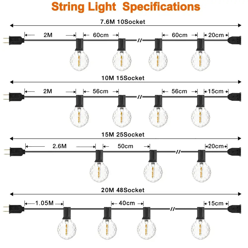 Faceted glass g40 string lights with clear globe bulbs and visible filaments on black sockets for outdoor use