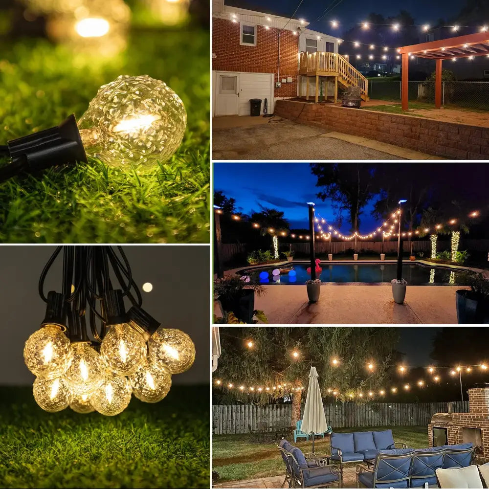Clear textured faceted glass g40 string lights with warm white bulbs for outdoor garden and fairy lighting