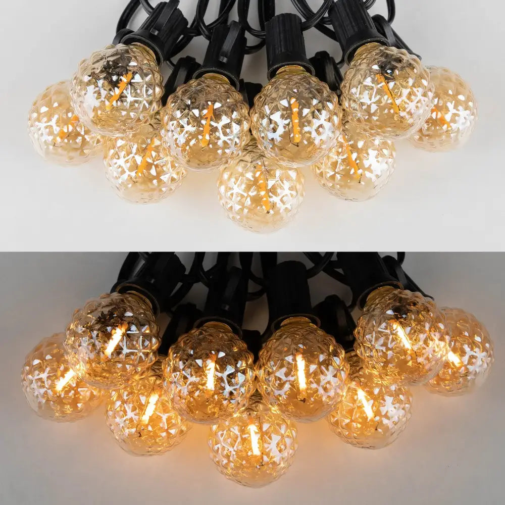 Warm-toned faceted glass g40 string lights with black plastic sockets and wiring for outdoor garden use