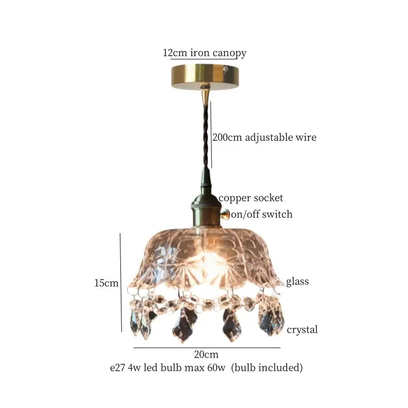 Antique brass-finished iron pleats led pendant light with adjustable wire and crystal-adorned glass shade for dining room