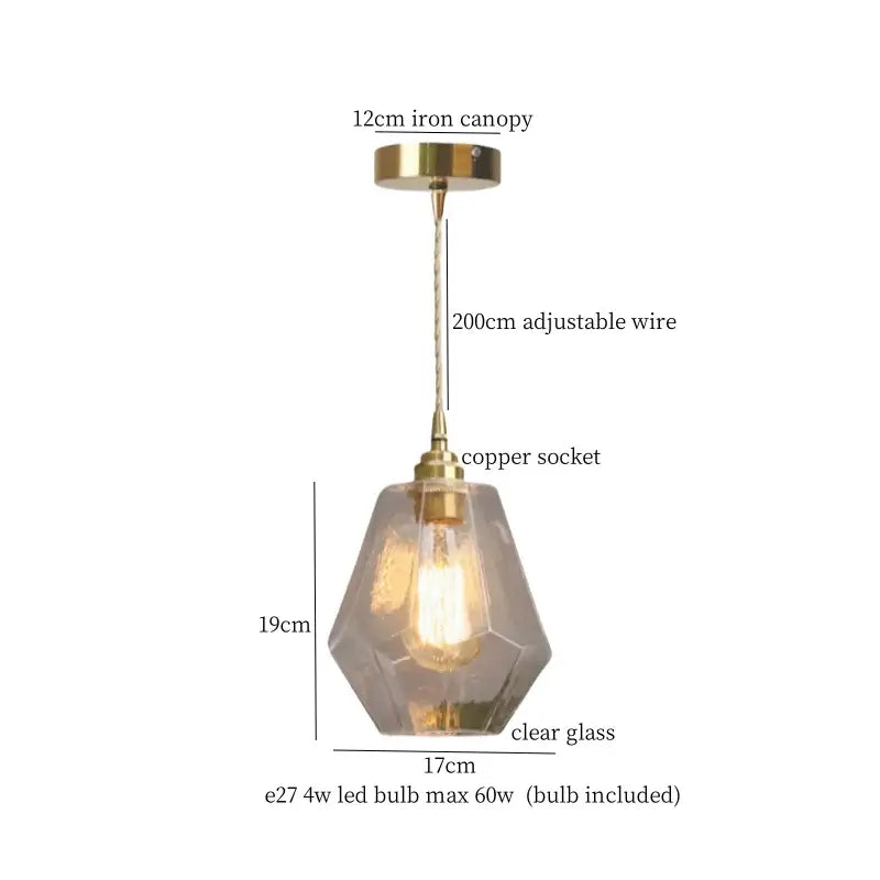 Faceted glass pleats led pendant light with clear faceted glass shade, brass canopy, and copper socket for dining room
