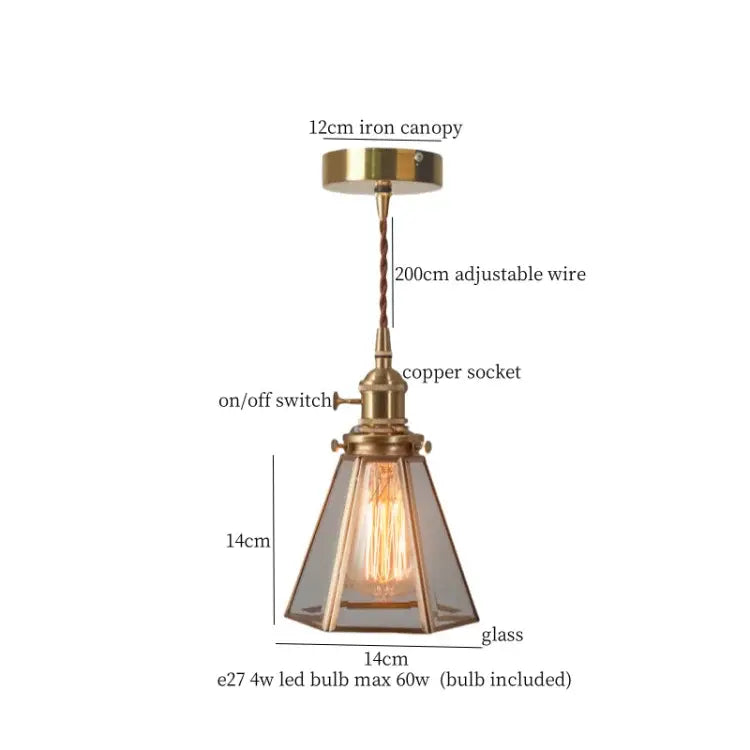 Vintage-style brass pendant light with faceted glass pleats led shade and exposed Edison bulb for dining room lighting