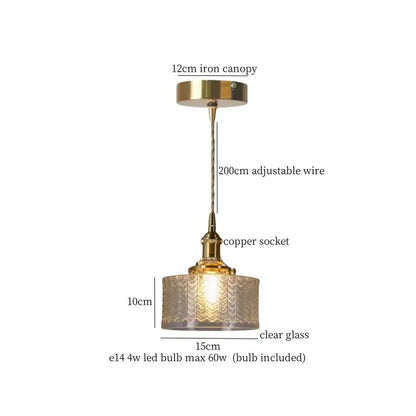 Faceted glass pleats led pendant light with brass canopy copper wire and embossed wave clear glass shade for dining room