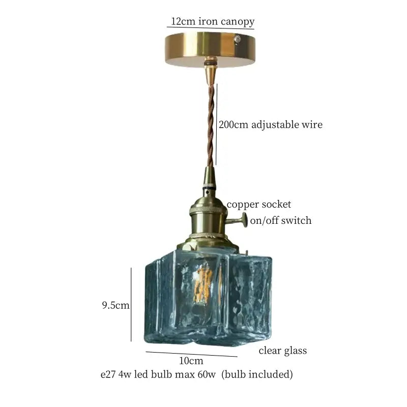 Faceted glass pleats led pendant light with brass iron canopy and copper socket suspended from adjustable wire
