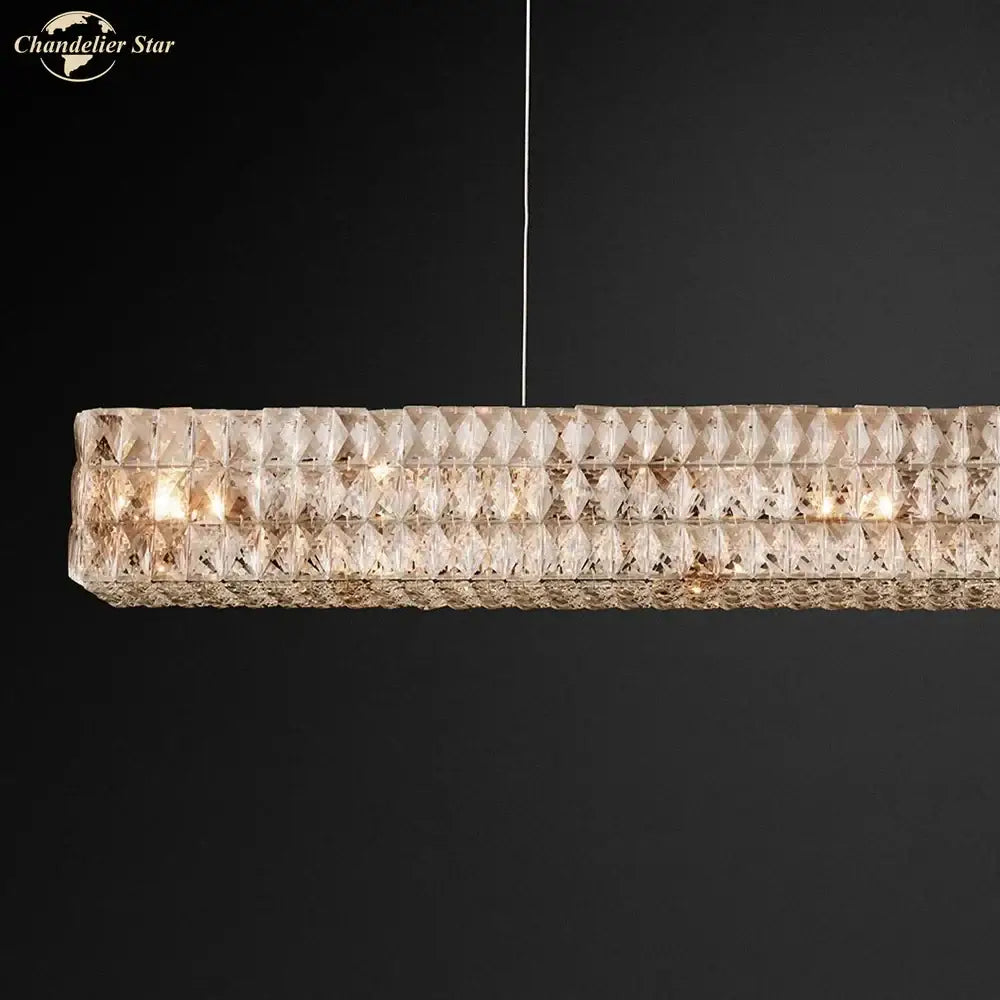 Faceted gold crystal led linear chandelier with clear rectangular prisms for modern dining room decorbites crystal led
