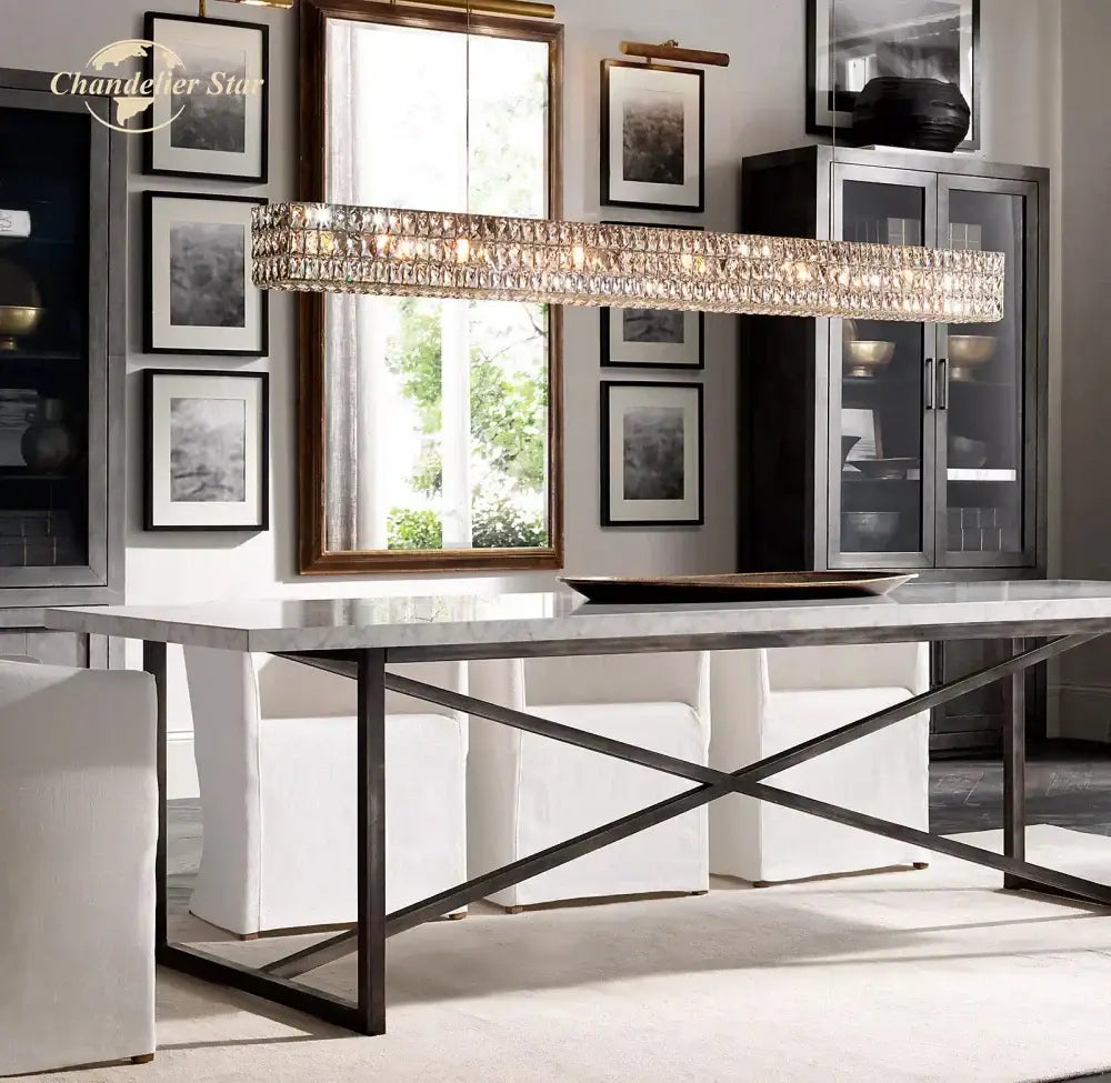 Faceted gold crystal led linear chandelier with sleek metallic frame for dining room decorbites crystal led lighting
