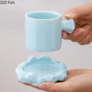 Faceted light blue porcelain coffee mug set with ceramic mug and matching coaster for kitchen decor and daily use