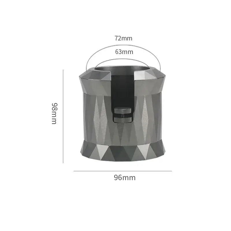 A sleek faceted matte silver metallic espresso portafilter holder with black interior for kitchen use