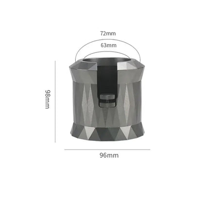 A sleek faceted matte silver metallic espresso portafilter holder with black interior for kitchen use