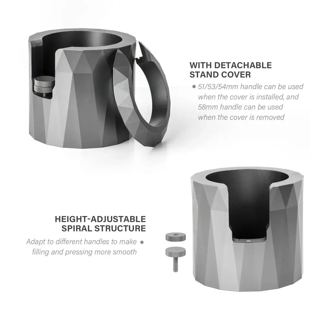 Gray metallic matte espresso portafilter holder with faceted geometric design and detachable cover for height adjustment