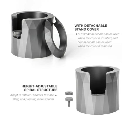 Gray metallic matte espresso portafilter holder with faceted geometric design and detachable cover for height adjustment