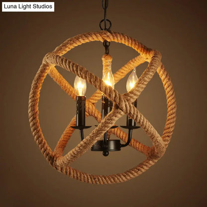 Factory Beige Natural Rope Globe Cage Chandelier Light with 3 Bulbs – Elegant Candle Design Hanging Lamp Kit