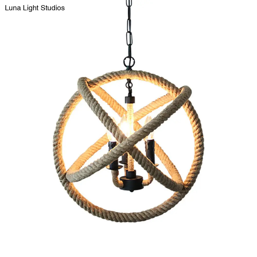 Factory Beige Natural Rope Globe Cage Chandelier Light with 3 Bulbs – Elegant Candle Design Hanging Lamp Kit