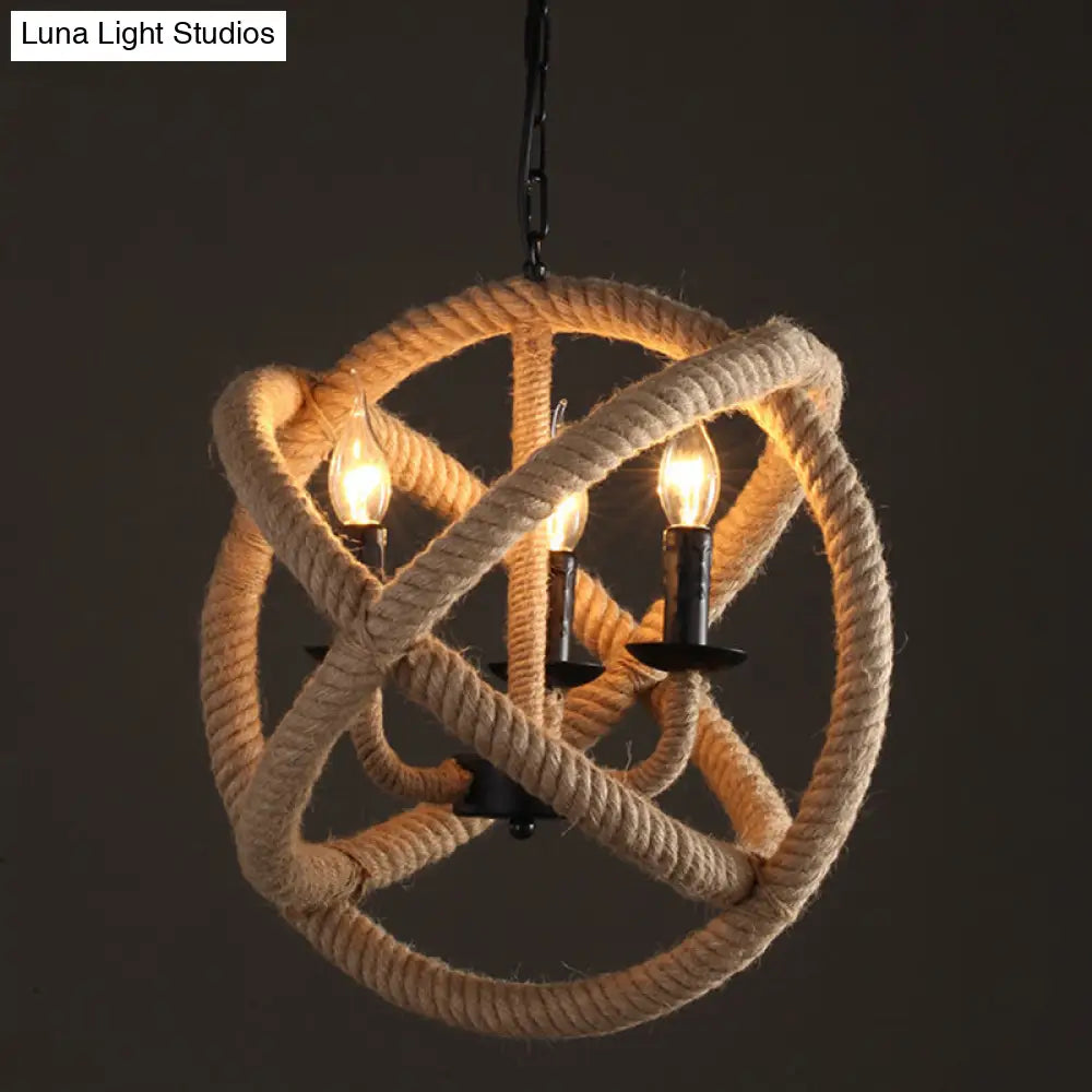 Factory Beige Natural Rope Globe Cage Chandelier Light with 3 Bulbs – Elegant Candle Design Hanging Lamp Kit