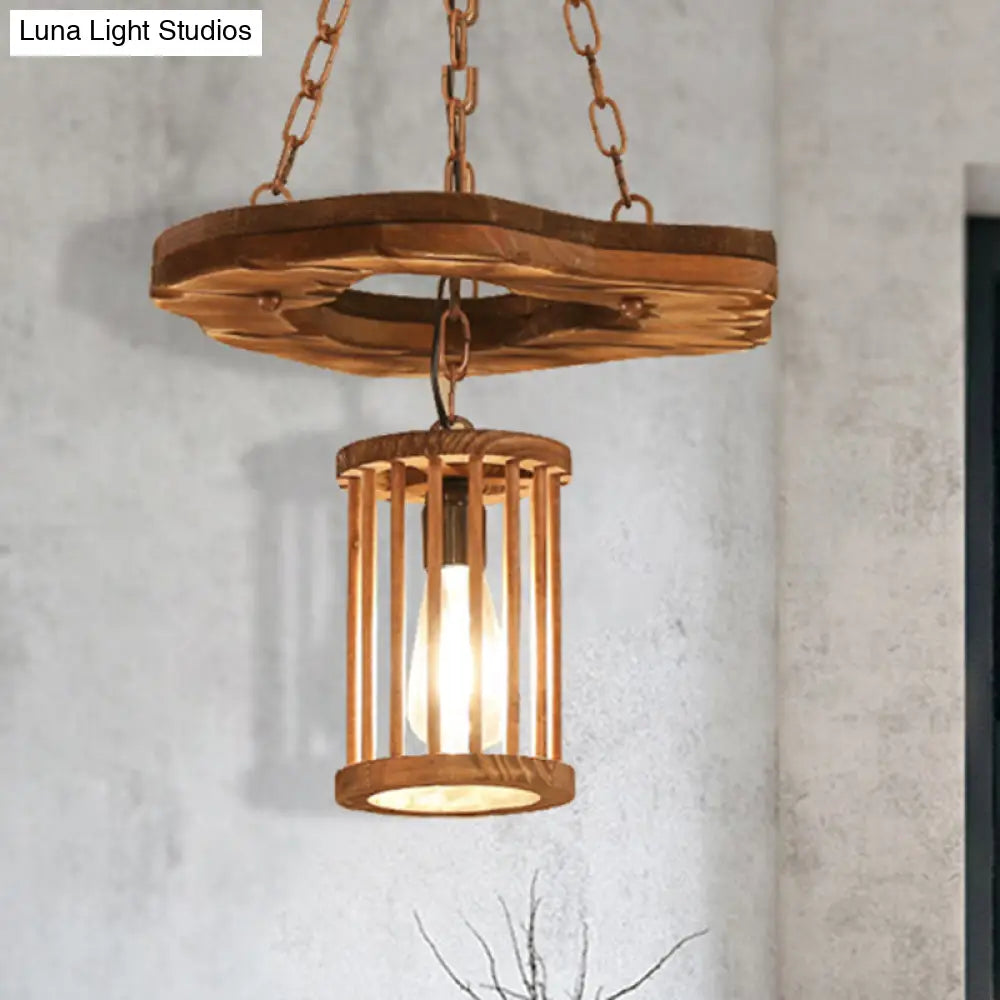 Factory Black Wooden Cylinder Pendant Light with Chain - 1 Light Hanging Fixture