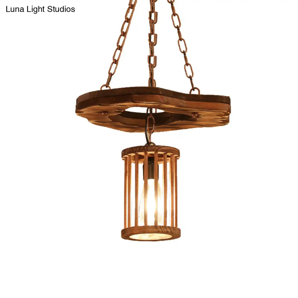 Factory Black Wooden Cylinder Pendant Light with Chain - 1 Light Hanging Fixture