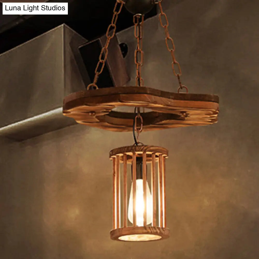 Factory Black Wooden Cylinder Pendant Light with Chain - 1 Light Hanging Fixture