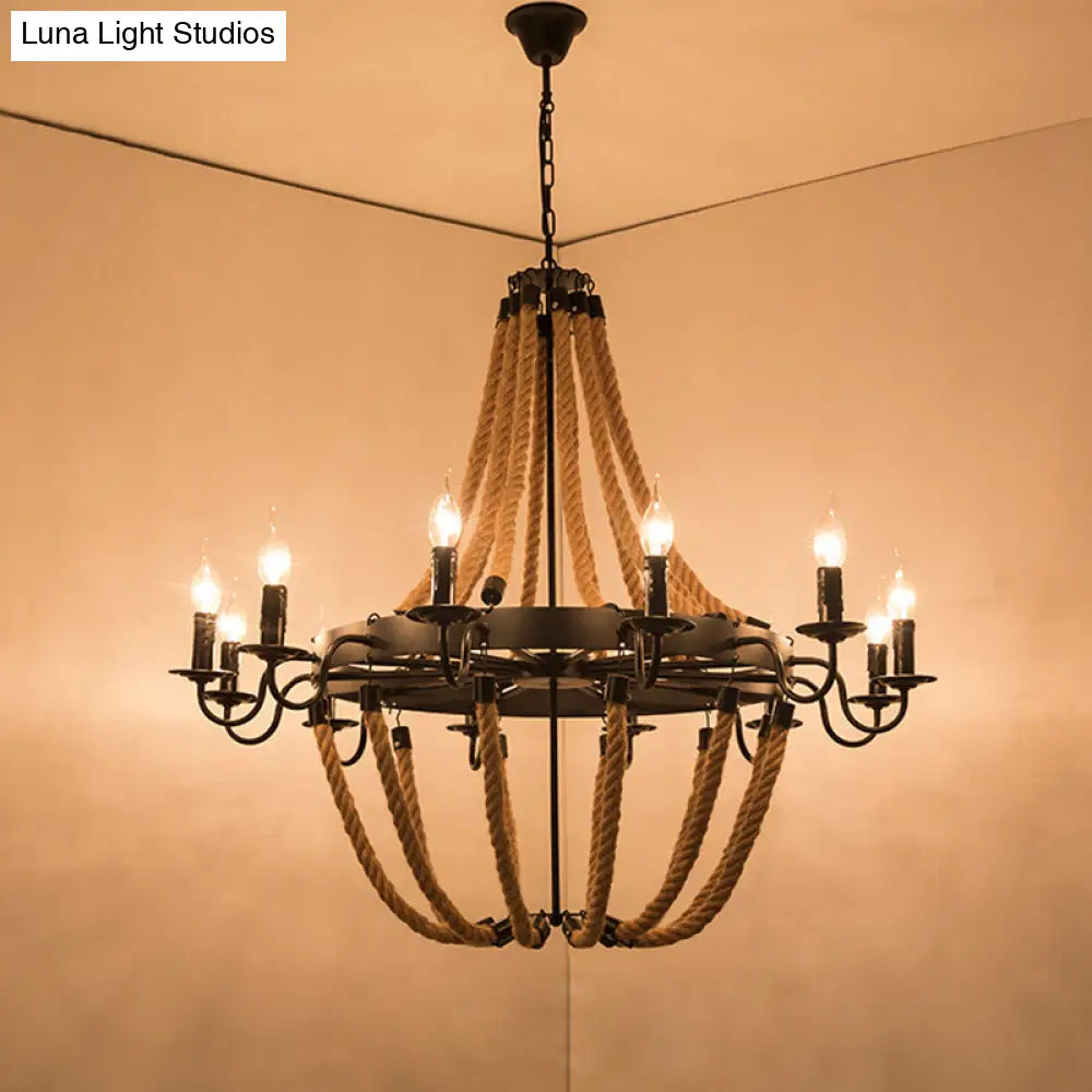 Factory Dining Room Chandelier: Wagon Wheel Metal Pendant Light Kit with Jute Rope in Black