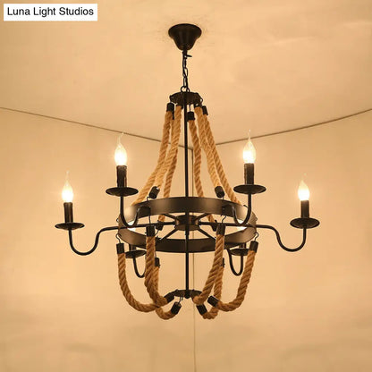 Factory Dining Room Chandelier: Wagon Wheel Metal Pendant Light Kit with Jute Rope in Black