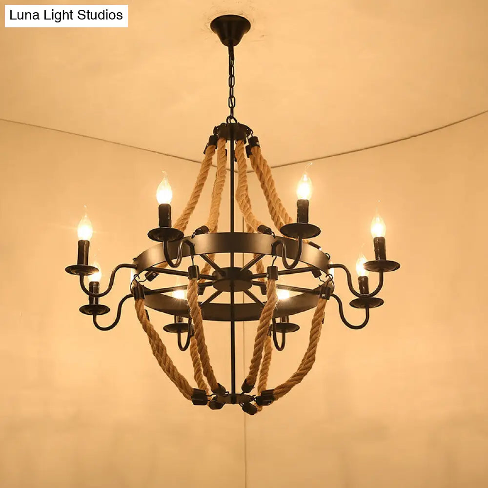 Factory Dining Room Chandelier: Wagon Wheel Metal Pendant Light Kit with Jute Rope in Black