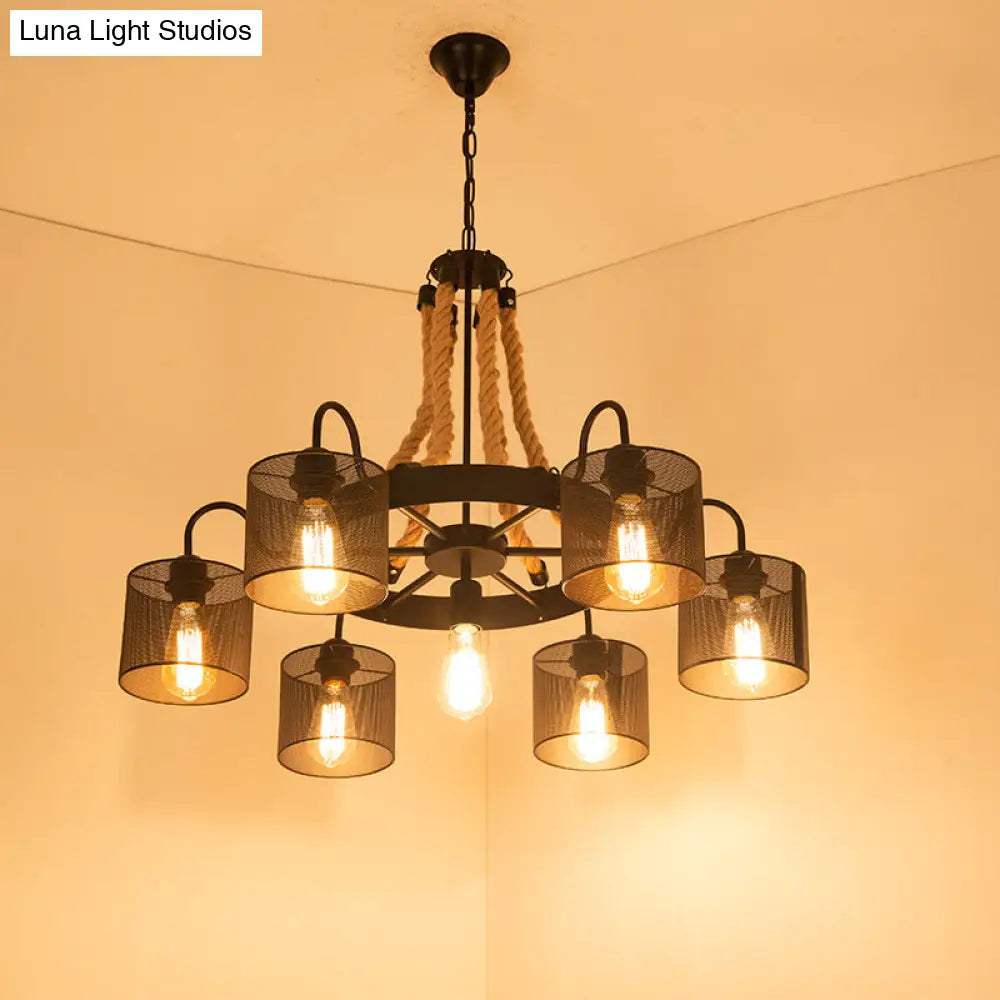 Factory Dining Room Chandelier: Wagon Wheel Metal Pendant Light Kit with Jute Rope in Black