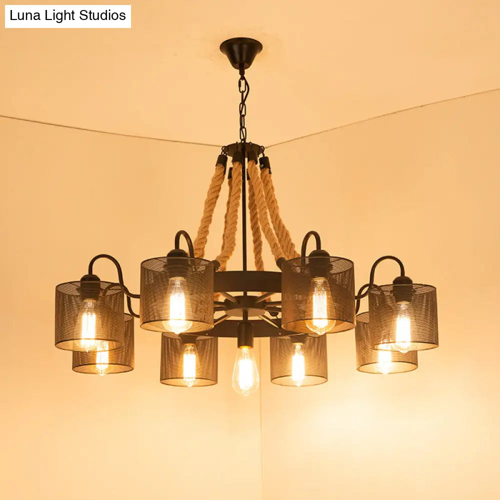 Factory Dining Room Chandelier: Wagon Wheel Metal Pendant Light Kit with Jute Rope in Black