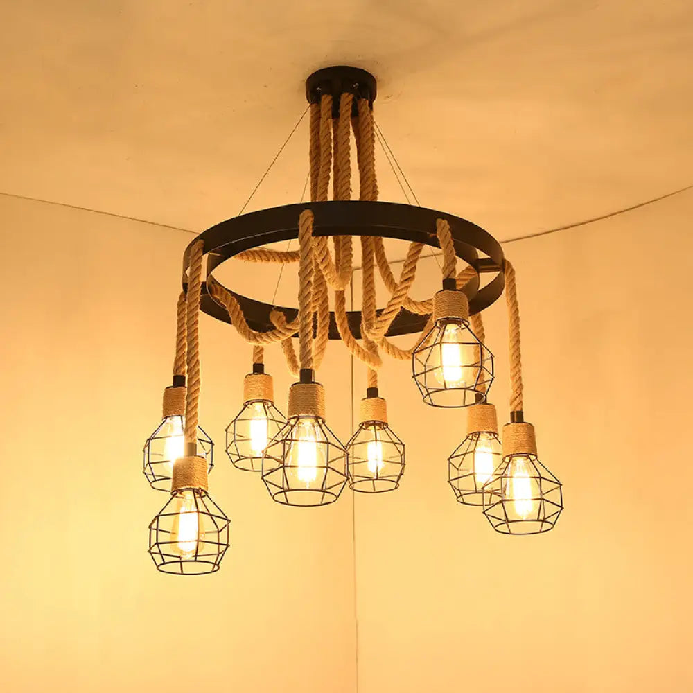 Factory Dining Room Chandelier: Wagon Wheel Metal Pendant Light Kit with Jute Rope in Black