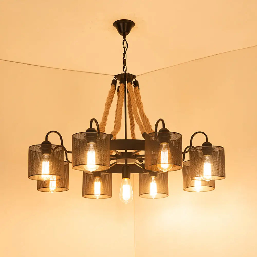 Factory Dining Room Chandelier: Wagon Wheel Metal Pendant Light Kit with Jute Rope in Black