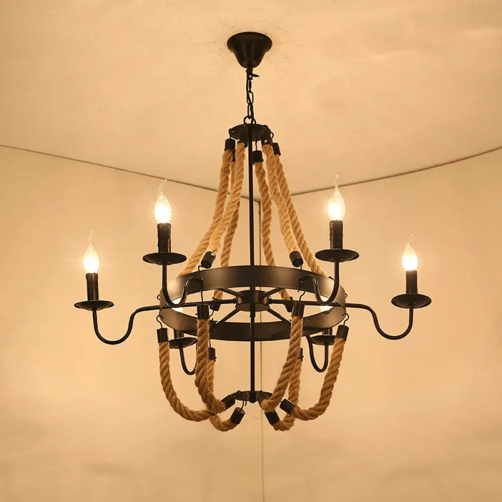 Factory Dining Room Chandelier: Wagon Wheel Metal Pendant Light Kit with Jute Rope in Black