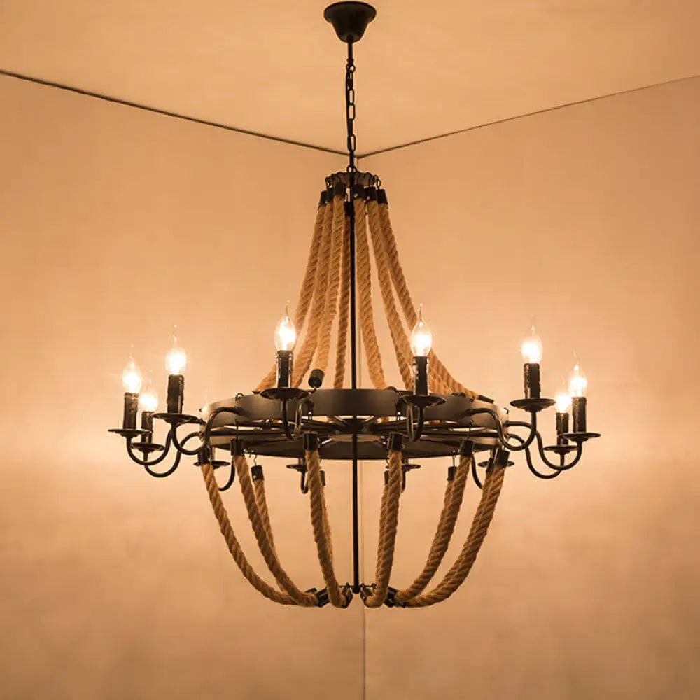 Factory Dining Room Chandelier: Wagon Wheel Metal Pendant Light Kit with Jute Rope in Black