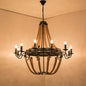 Factory Dining Room Chandelier: Wagon Wheel Metal Pendant Light Kit with Jute Rope in Black