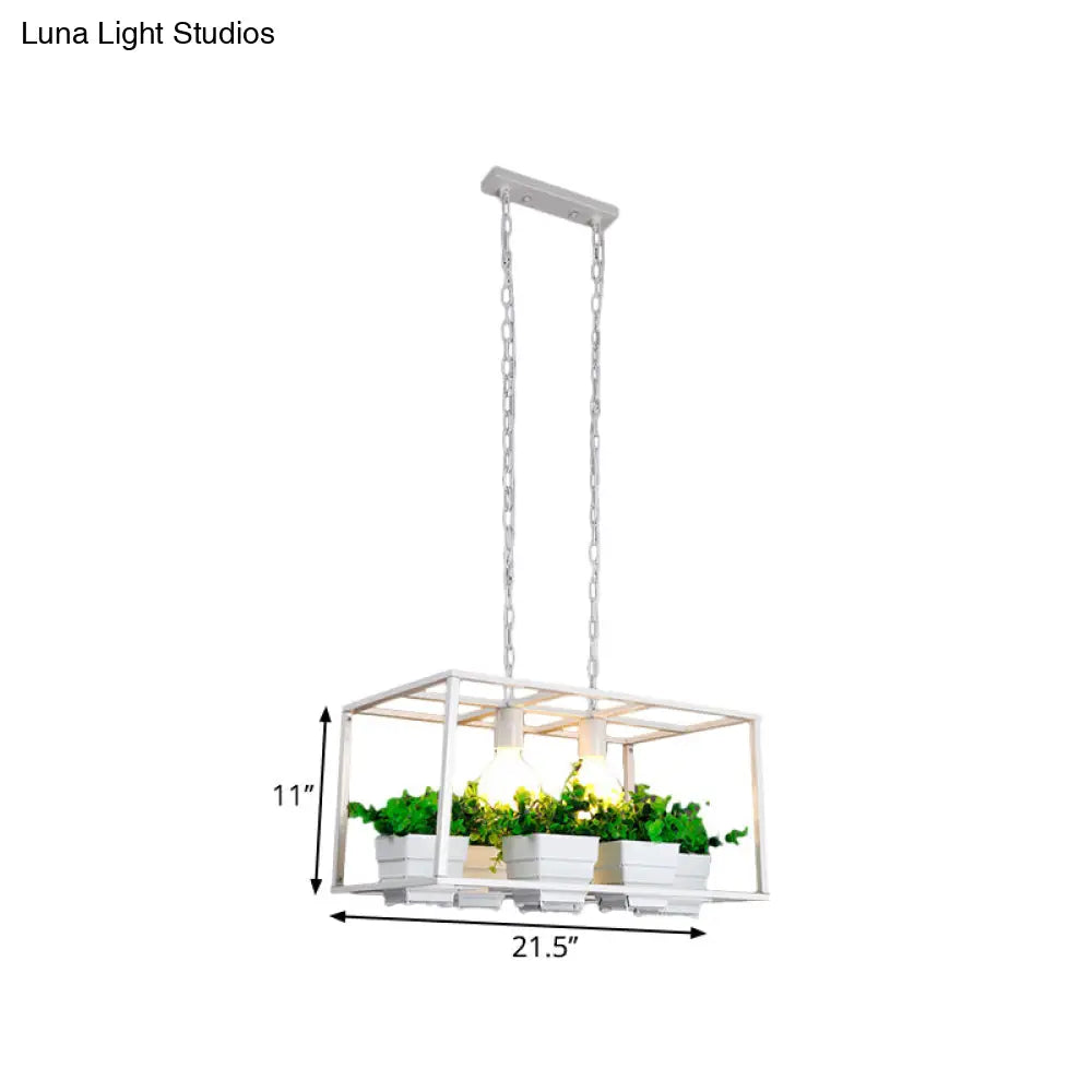 DecorBites™ Factory Metallic Island Lamp with Artificial Plant Deco - Black/White Rectangle, 2 Lights for Living Room