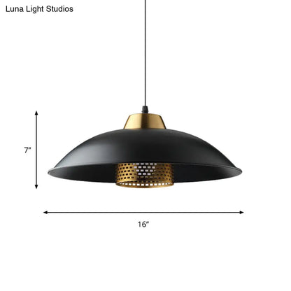 Factory Style Black Iron Ceiling Pendant Light with Brass Mesh Screen Inside - Shallow Bowl Head Design