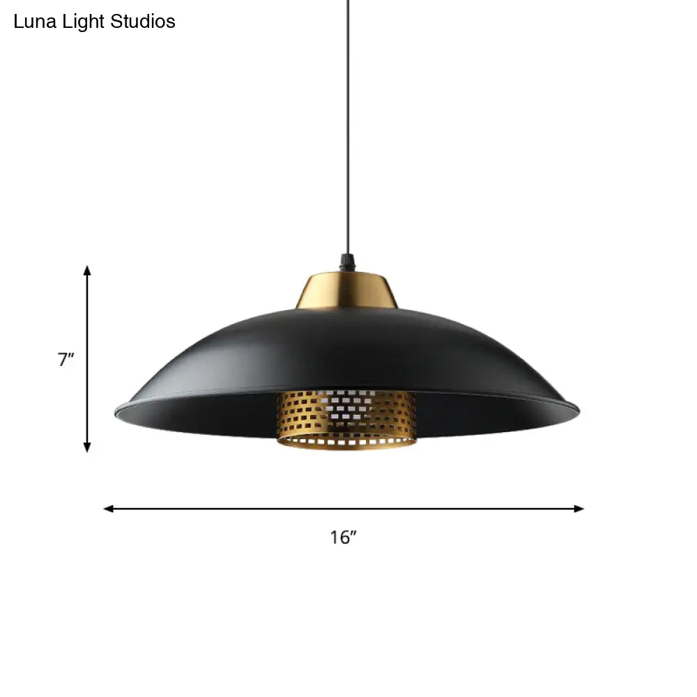 Factory Style Black Iron Ceiling Pendant Light with Brass Mesh Screen Inside - Shallow Bowl Head Design